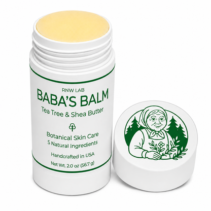 Baba’s Balm Tea Tree & Shea Butter glide-on skin balm with cap removed, 2 oz applicator