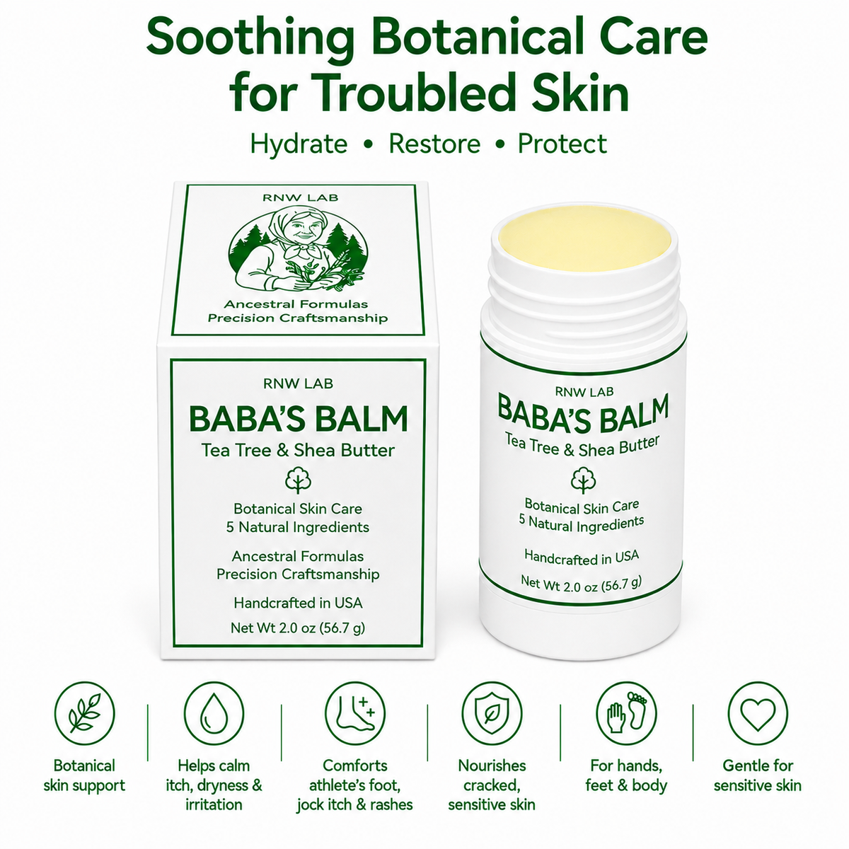 Baba’s Balm glide-on skin balm and box with botanical skin-care benefits, 2 oz applicator