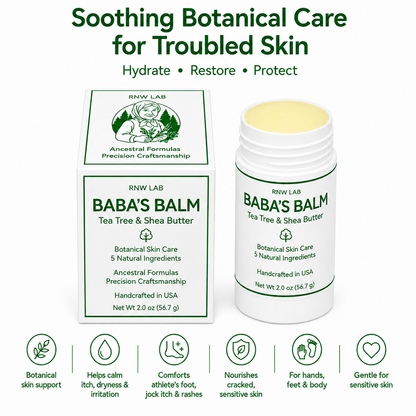 Baba’s Balm glide-on skin balm and box with botanical skin-care benefits, 2 oz applicator