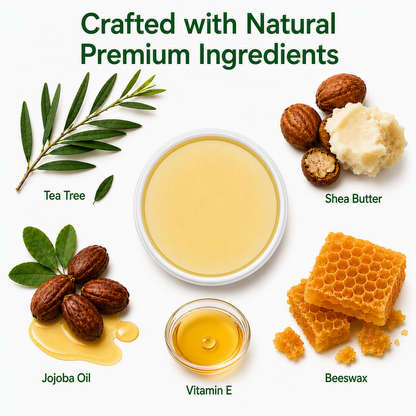 Five Baba’s Balm ingredients: tea tree oil, shea butter, jojoba oil, beeswax and vitamin E