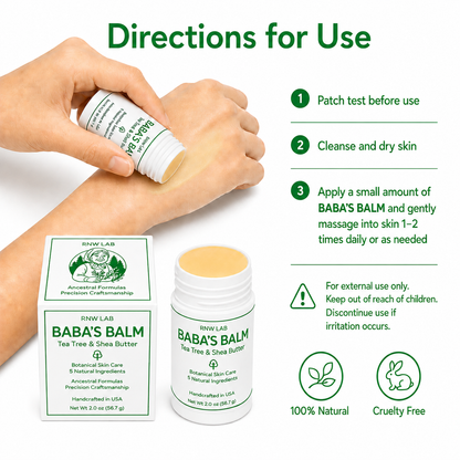 How to use Baba’s Balm glide-on: patch test, cleanse and dry skin, apply and gently massage