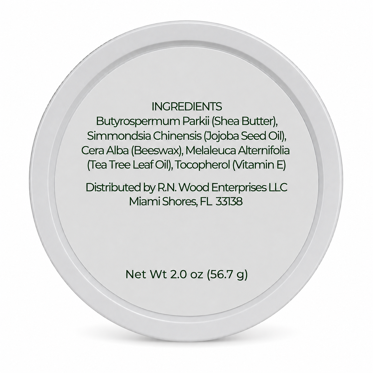 Baba’s Balm ingredient label listing shea butter, jojoba oil, beeswax, tea tree leaf oil and vitamin E