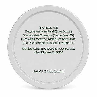 Baba’s Balm ingredient label listing shea butter, jojoba oil, beeswax, tea tree leaf oil and vitamin E