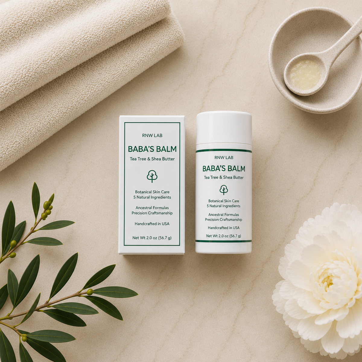 Baba’s Balm glide-on skin balm in a calming spa setting with natural botanicals