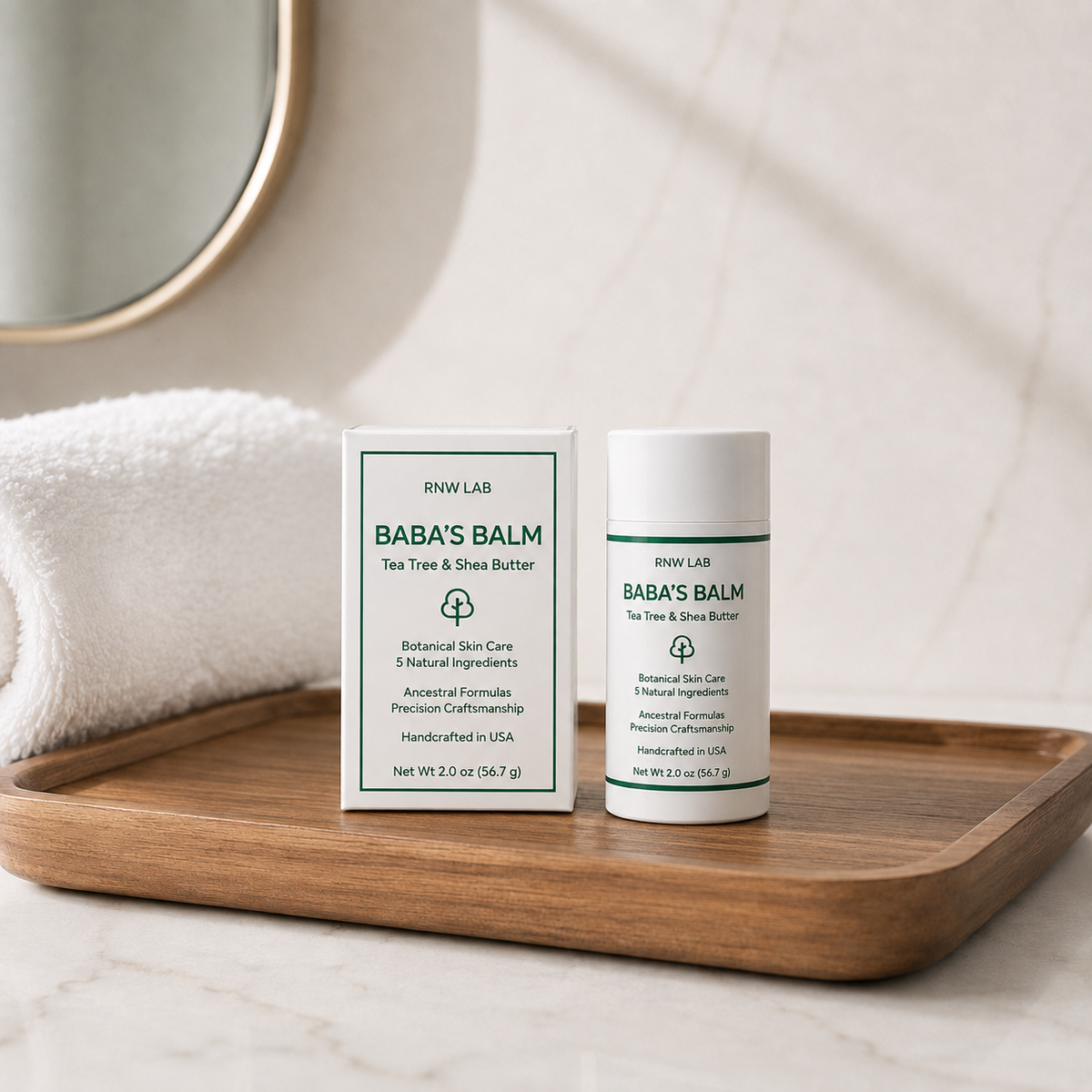 Baba’s Balm glide-on skin balm on a bathroom counter for everyday skin care