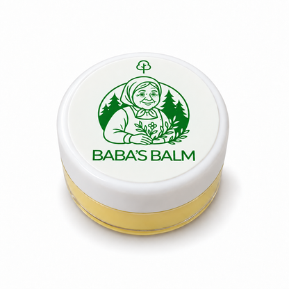 Baba’s Balm 3 g sample jar with branded white lid